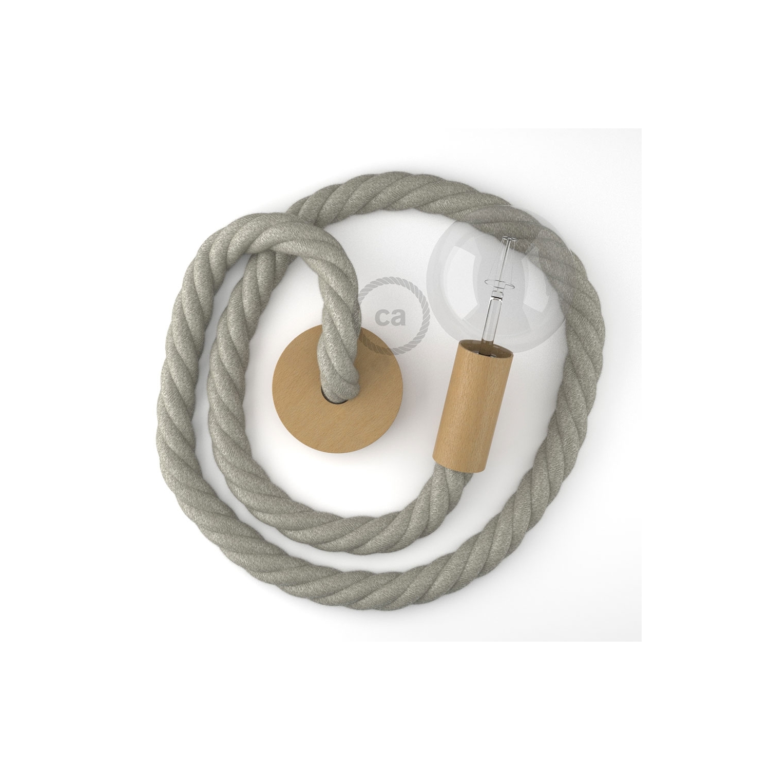 Wooden Pendant, suspended lamp with nautical 3XL 30mm rope in natural linen, Made in Italy