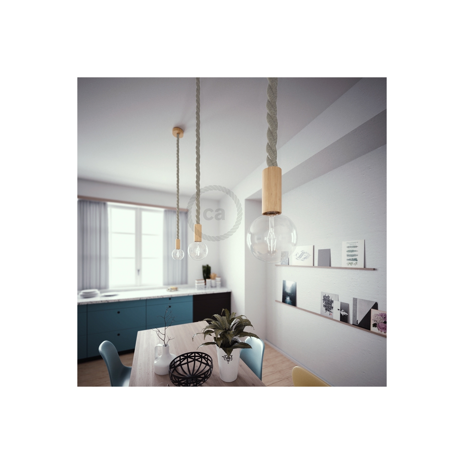 Wooden Pendant, suspended lamp with nautical 3XL 30mm rope in natural linen, Made in Italy
