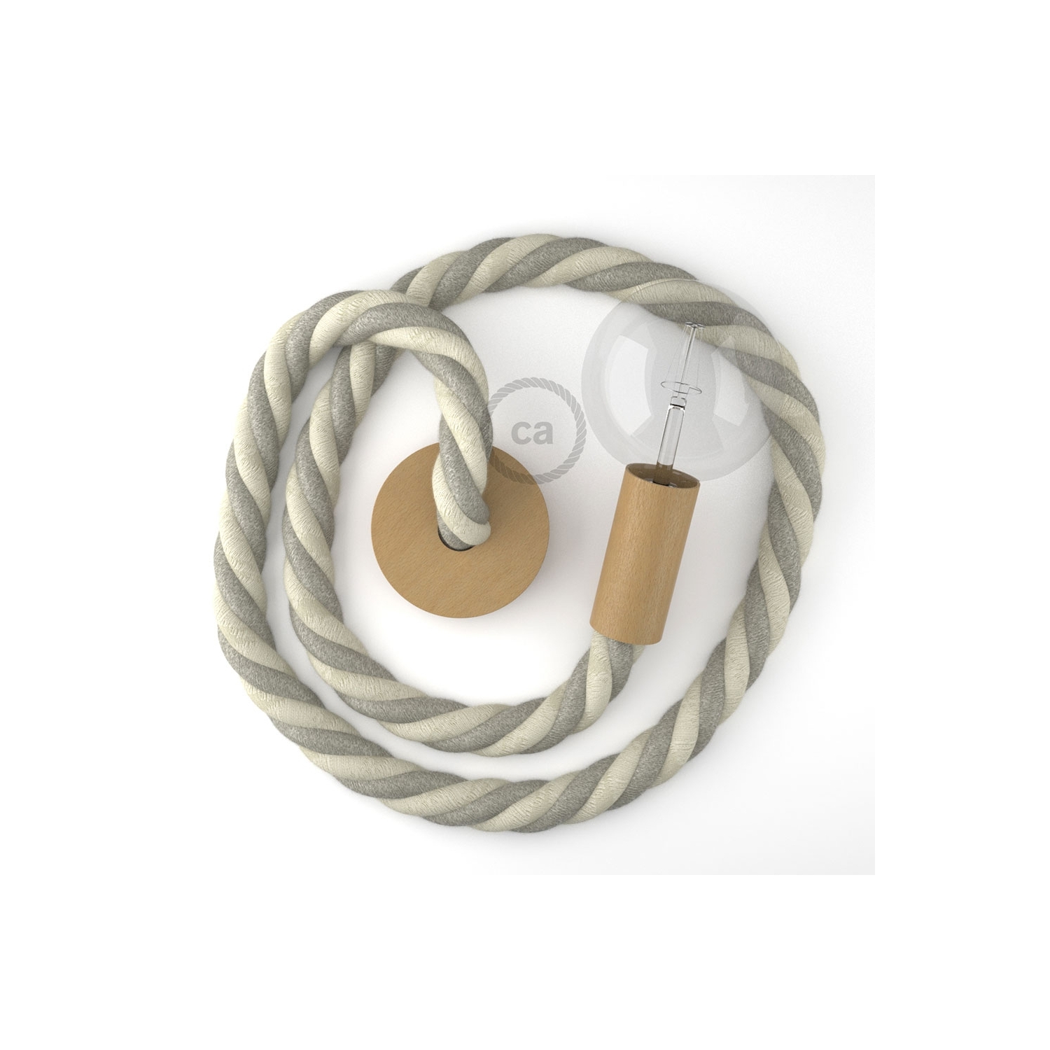 Wooden Pendant, suspended lamp with nautical 3XL 30mm rope in raw cotton and natural linen, Made in Italy
