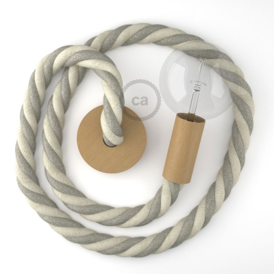 Wooden Pendant, suspended lamp with nautical 3XL 30mm rope in raw cotton and natural linen, Made in Italy