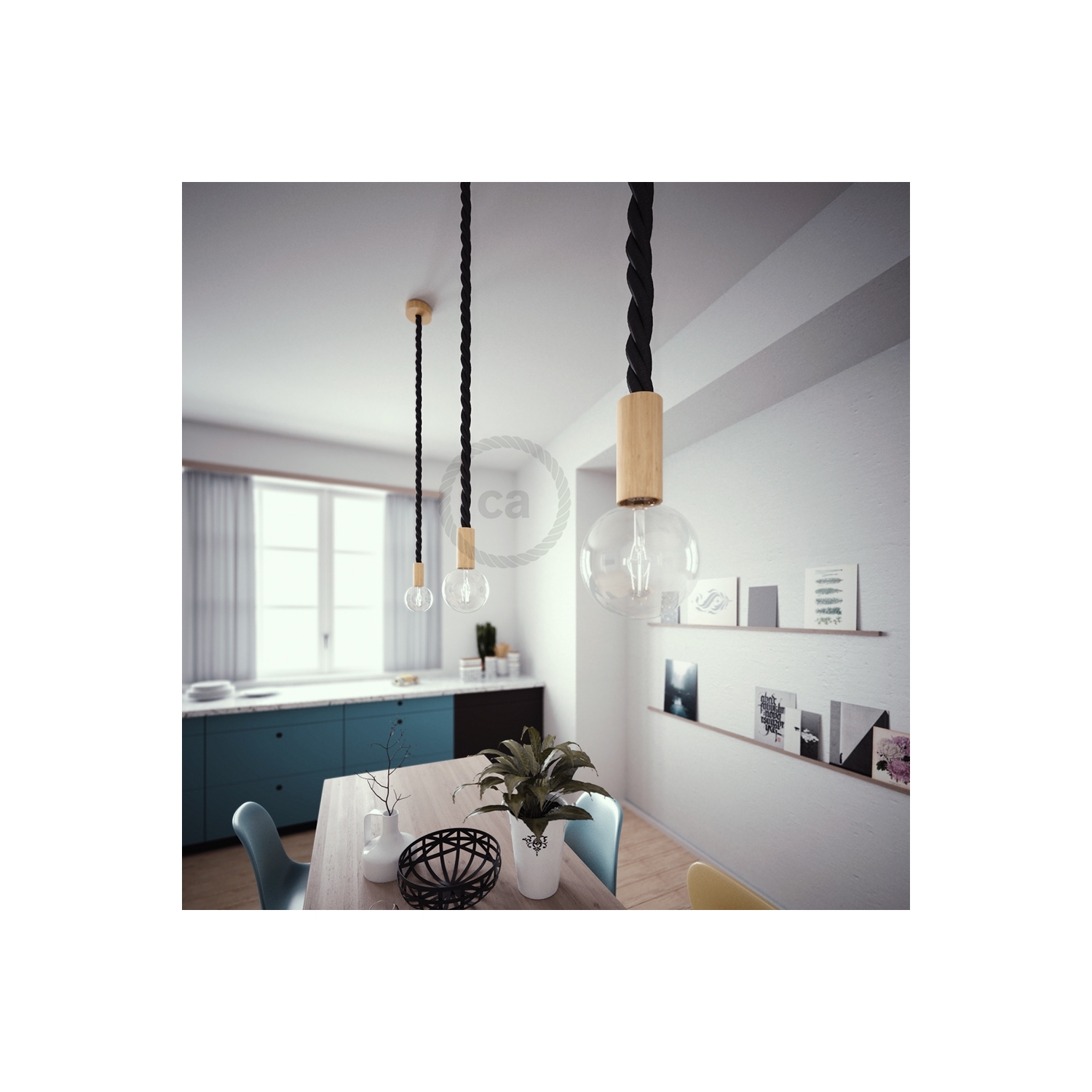 Wooden Pendant, suspended lamp with nautical 3XL 30mm rope in black shiny fabric, Made in Italy