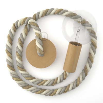 Wooden Pendant, suspended lamp with nautical 2XL 24mm rope in jute, cotton and linen Country, Made in Italy