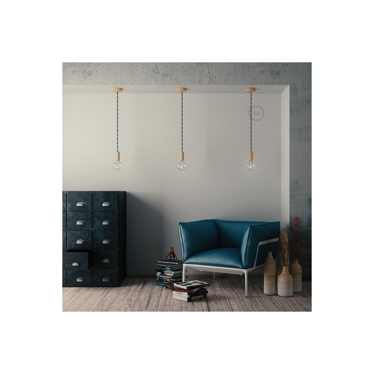 Wooden Pendant, suspended lamp with nautical XL 16mm rope in bright fabric Bernadotte, Made in Italy