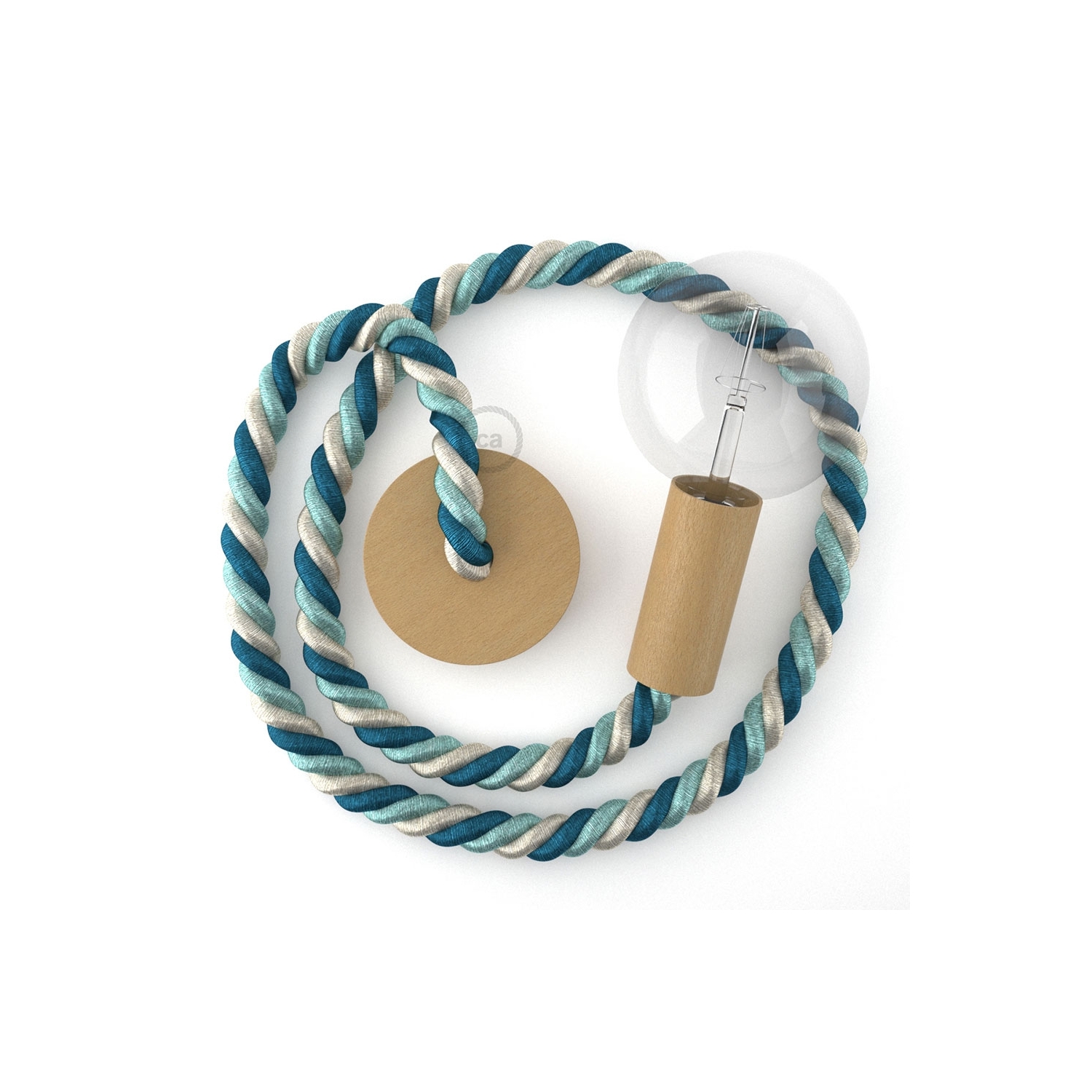 Wooden Pendant, suspended lamp with nautical 2XL 24mm rope in bright fabric Bernadotte, Made in Italy