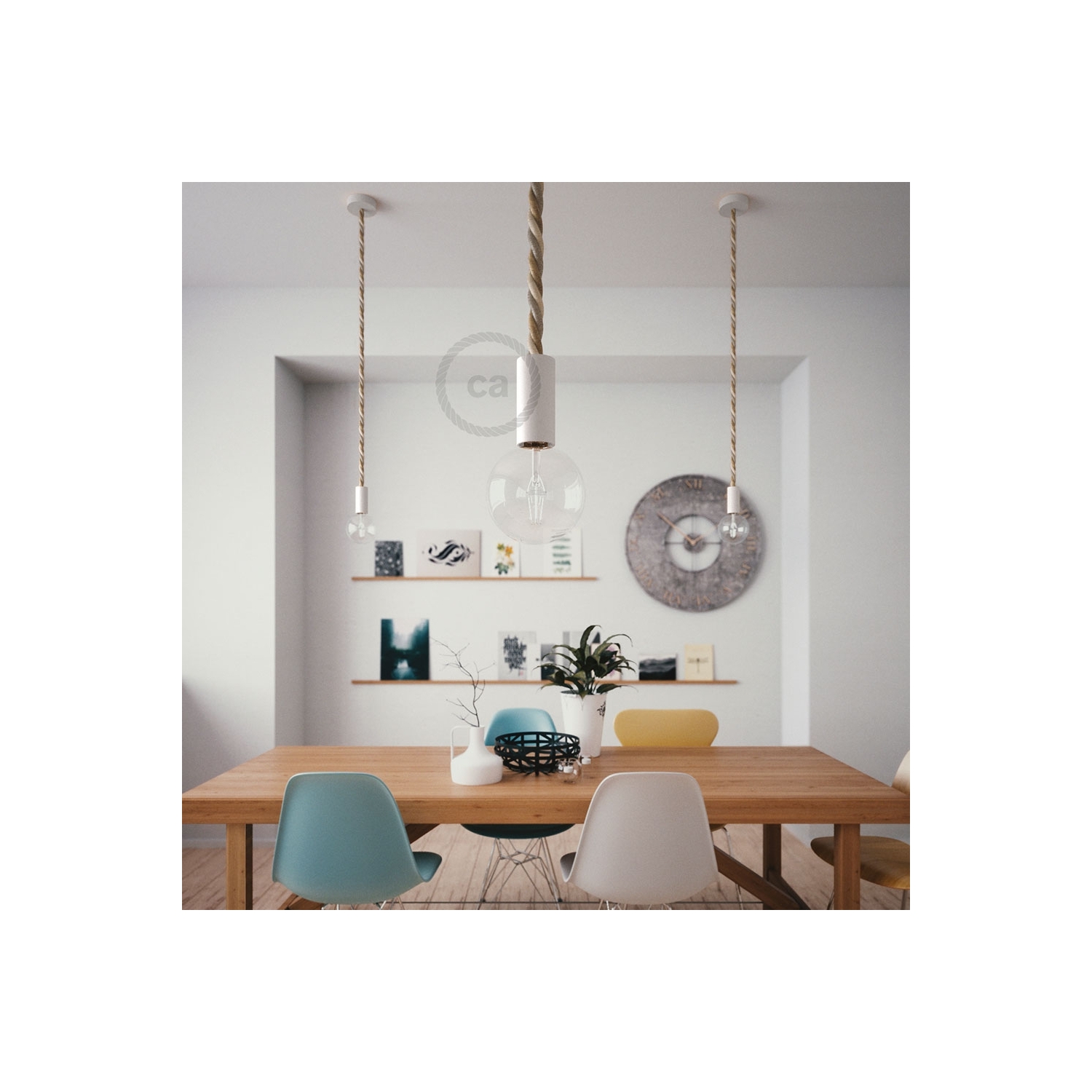 White painted wooden pendant lamp with nautical 2XL 24mm rope in