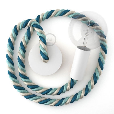 White painted wooden pendant lamp with nautical 2XL 24mm rope in bright fabric Bernadotte, Made in Italy