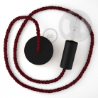 Black painted wooden pendant lamp with nautical XL 16mm rope in dark burgundy fabric, Made in Italy