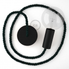 Black painted wooden pendant lamp with nautical XL 16mm rope in dark shiny green fabric, Made in Italy