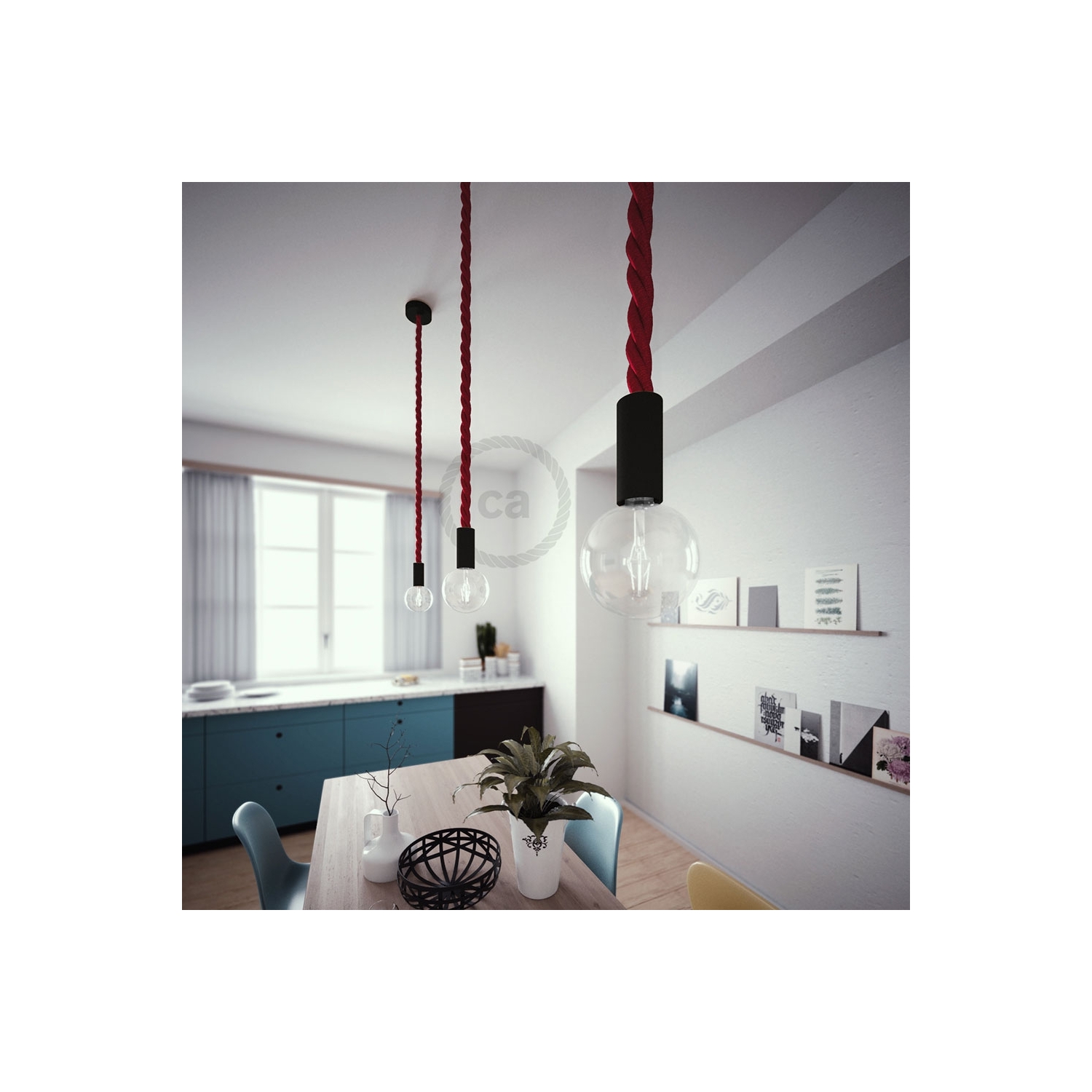 Black painted wooden pendant lamp with nautical 3XL 30mm rope in dark burgundy fabric, Made in Italy