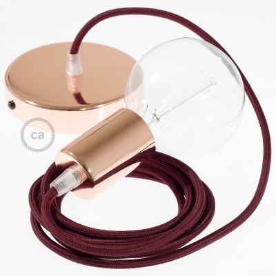 Single Pendant, suspended lamp with Burgundy Rayon textile cable RM19