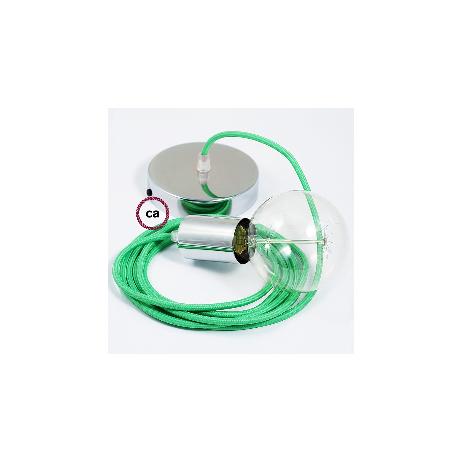 Single Pendant, suspended lamp with Green Lime Rayon textile cable RM18