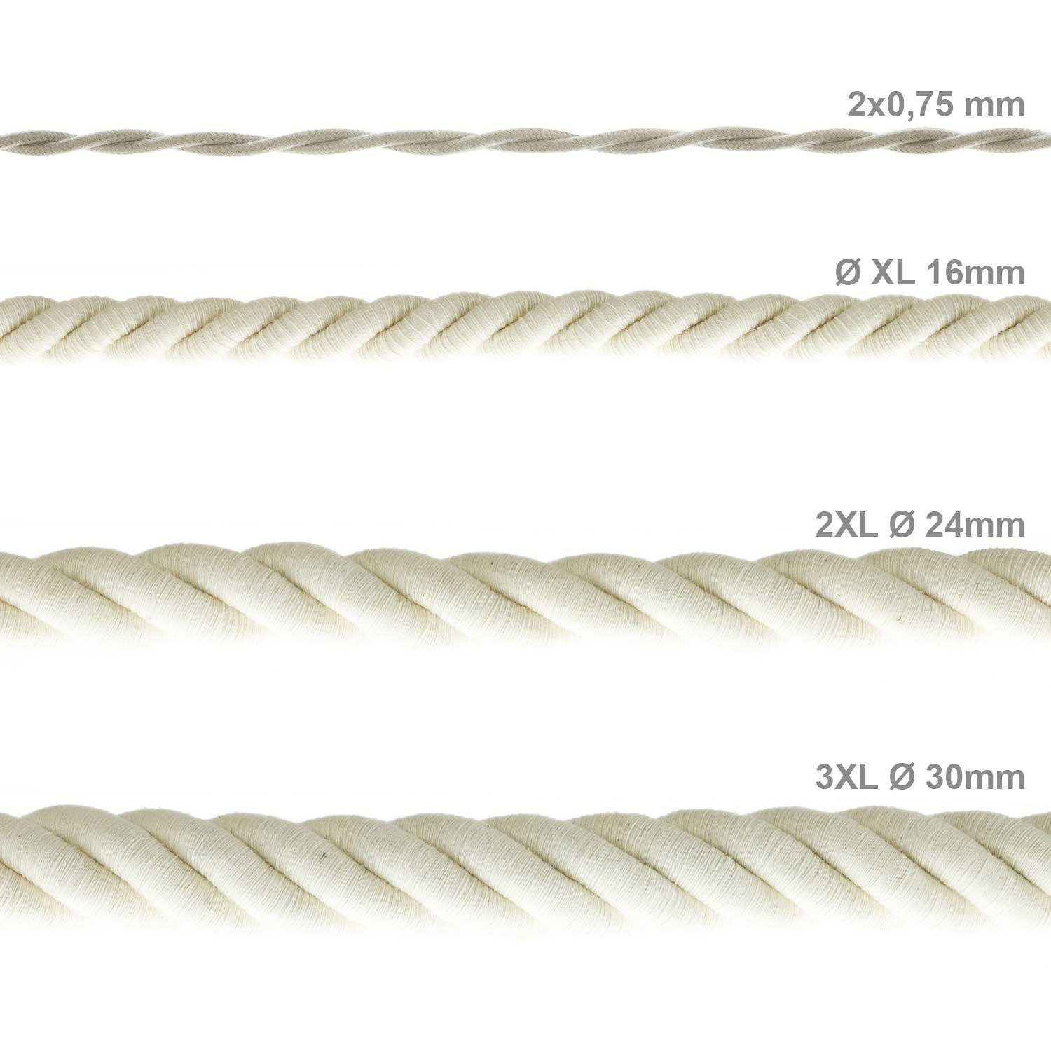 XL electrical cord, electrical cable 3x0,75. Raw cotton fabric covering. Diameter 16mm.