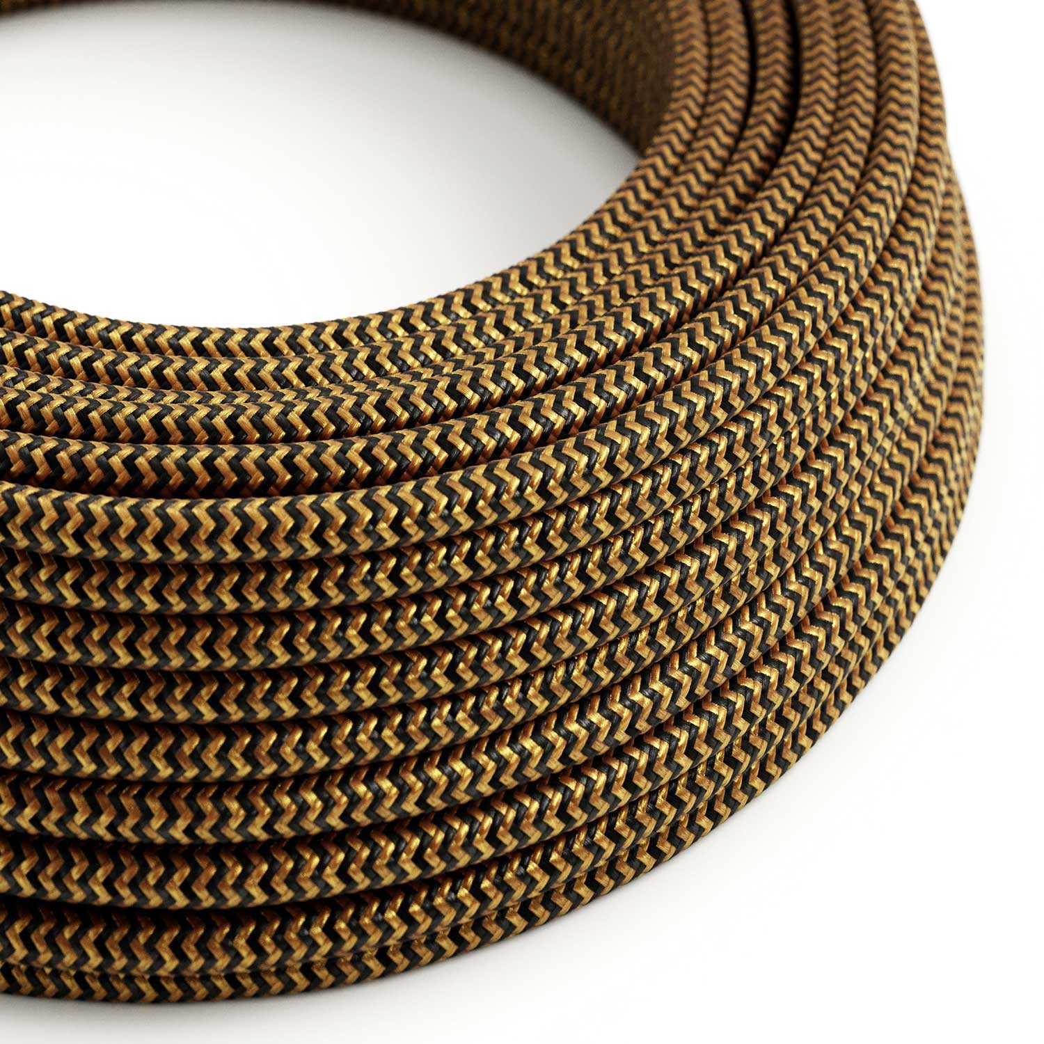 RZ24 ZigZag Gold and Black Round Rayon Electrical Fabric Cloth Cord Cable