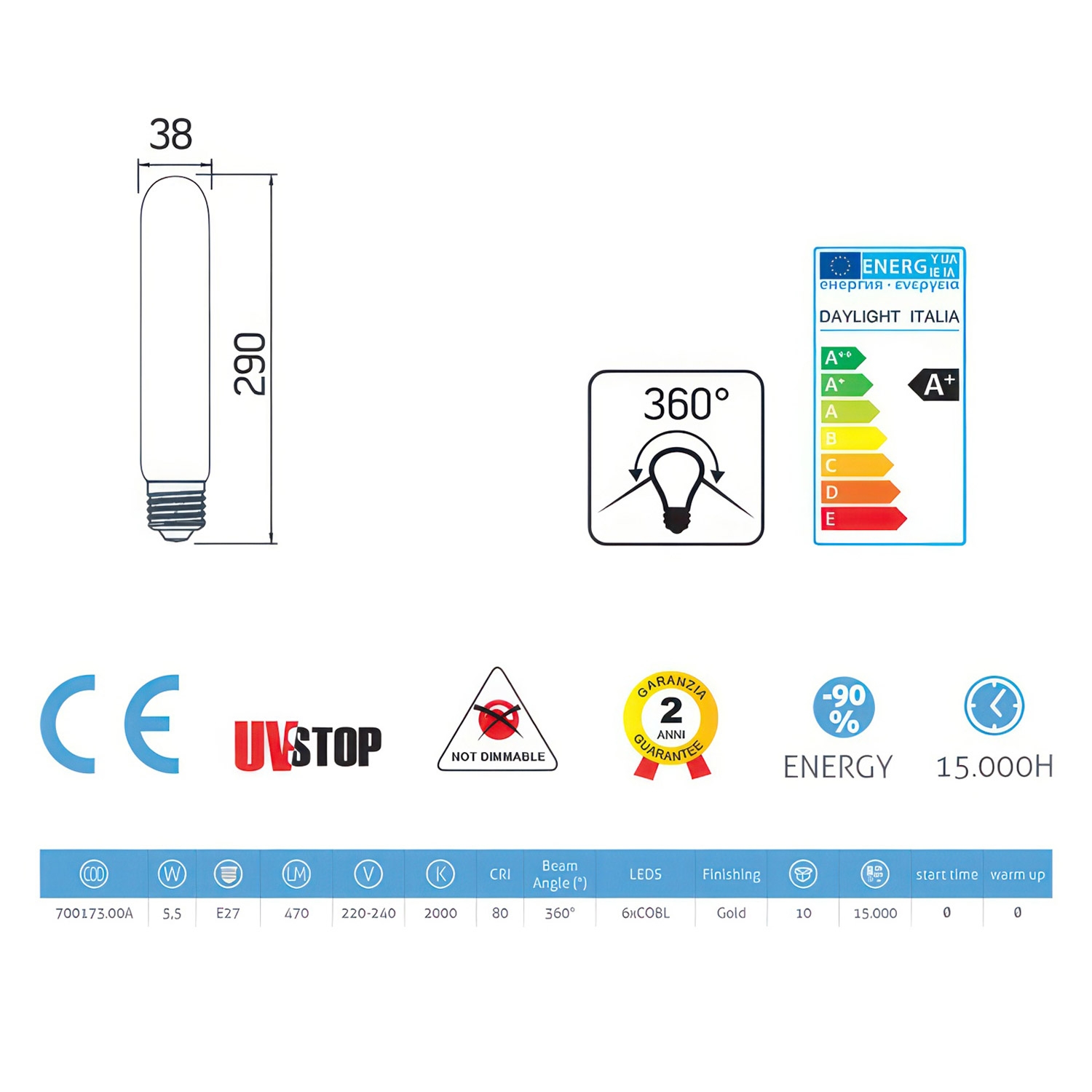 LED Golden Light Bulb Tubolar T38 ZigZag Filament - 5.5W E27 2000K