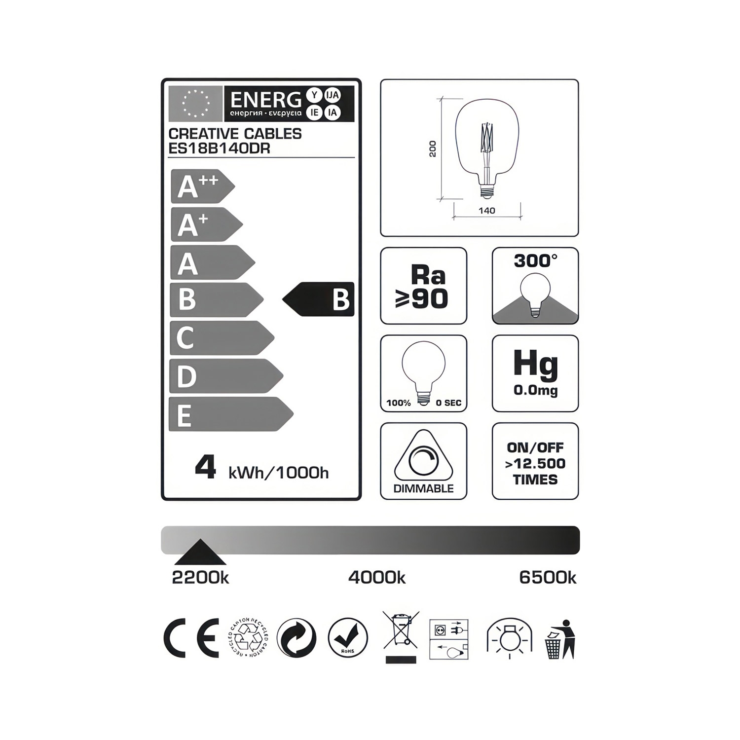 LED Light Bulb Bona Dream, Pastel collection, straight filament 4W E27 Dimmable 2200K