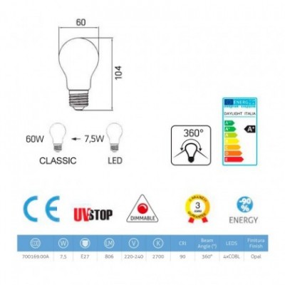 LED Milky White Light Bulb - Drop A60 - 7,5W E27 Dimmable 2700K