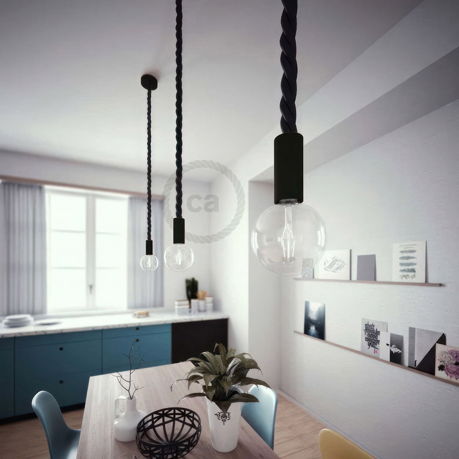 Pendant lamp with 3XL 30mm nautical cord painted wood details - Made in Italy