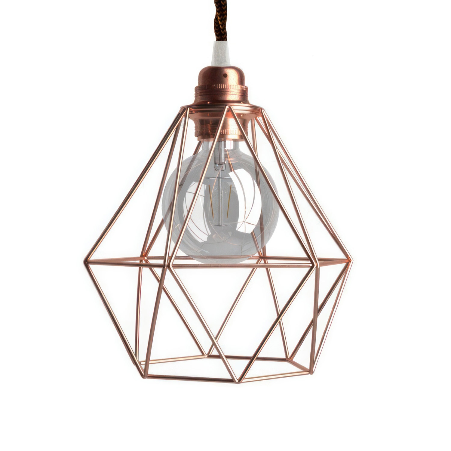 Pendant lamp with textile cable, Diamond cage lampshade and metal details - Made in Italy