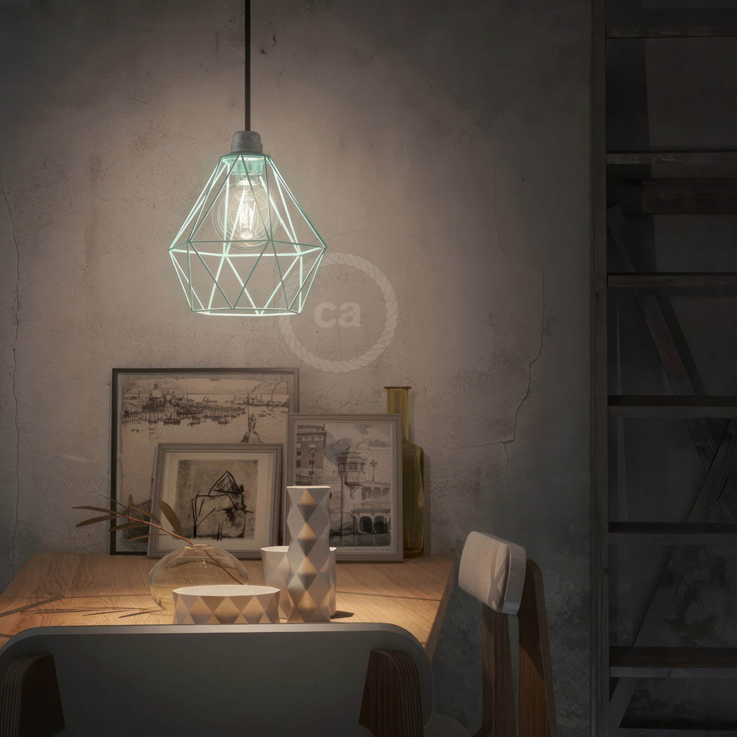 Pendant lamp with textile cable, Diamond cage lampshade and metal details - Made in Italy