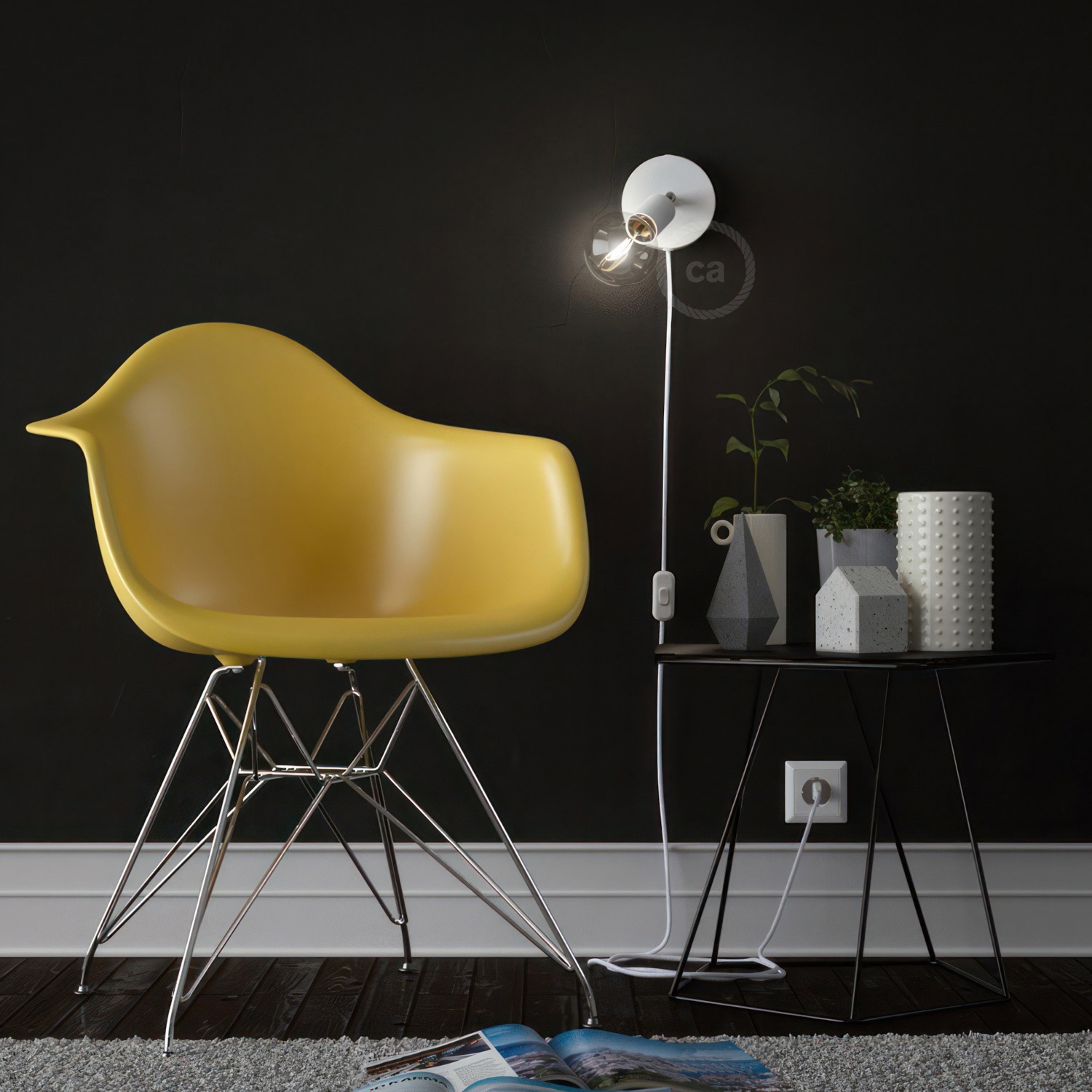 Spostaluce Metal 90°, the adjustable light source with fabric cable and side holes