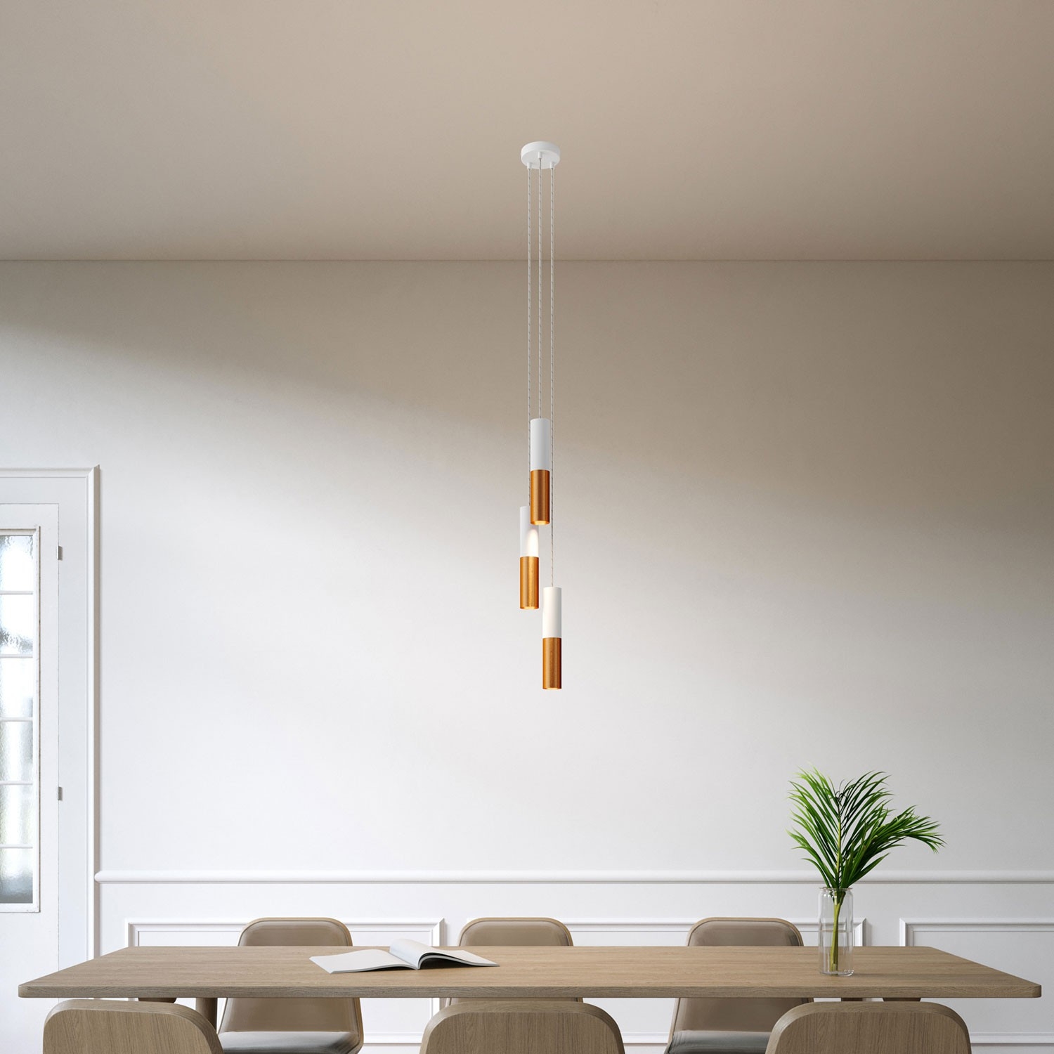 3-light multi-pendant lamp featuring fabric cable and Double Tub-E14 metal lampshade