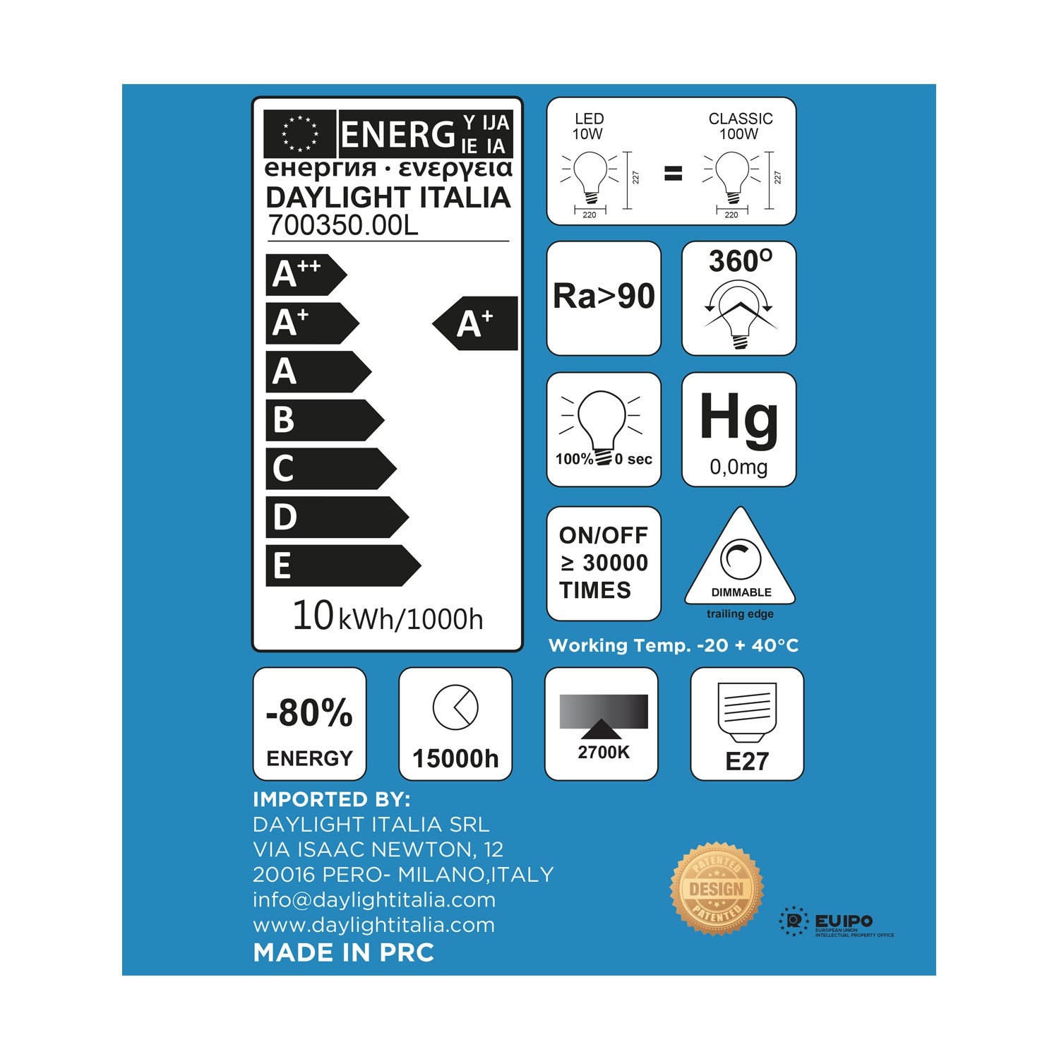 Porcelain LED XL Delo Ciaobella Line 10W Dimmable 2700K Bulb