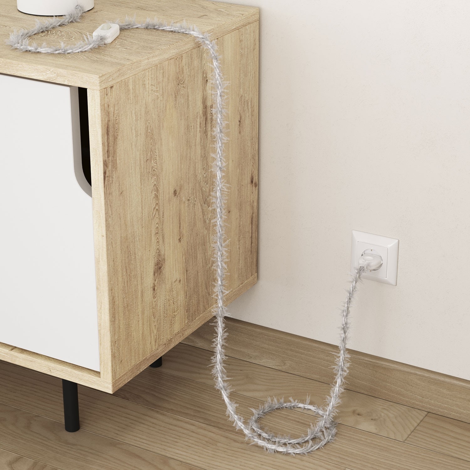 TP01 Plain White Marlene twisted lighting cable covered in hairy-effect fabric