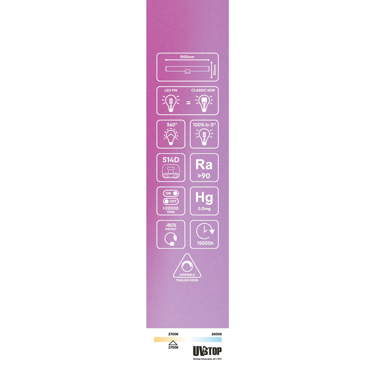 LED Linear Porcelain Effect S14d Light Bulb - length 1000 mm 9W 705Lm 2700K Dimmable - S13